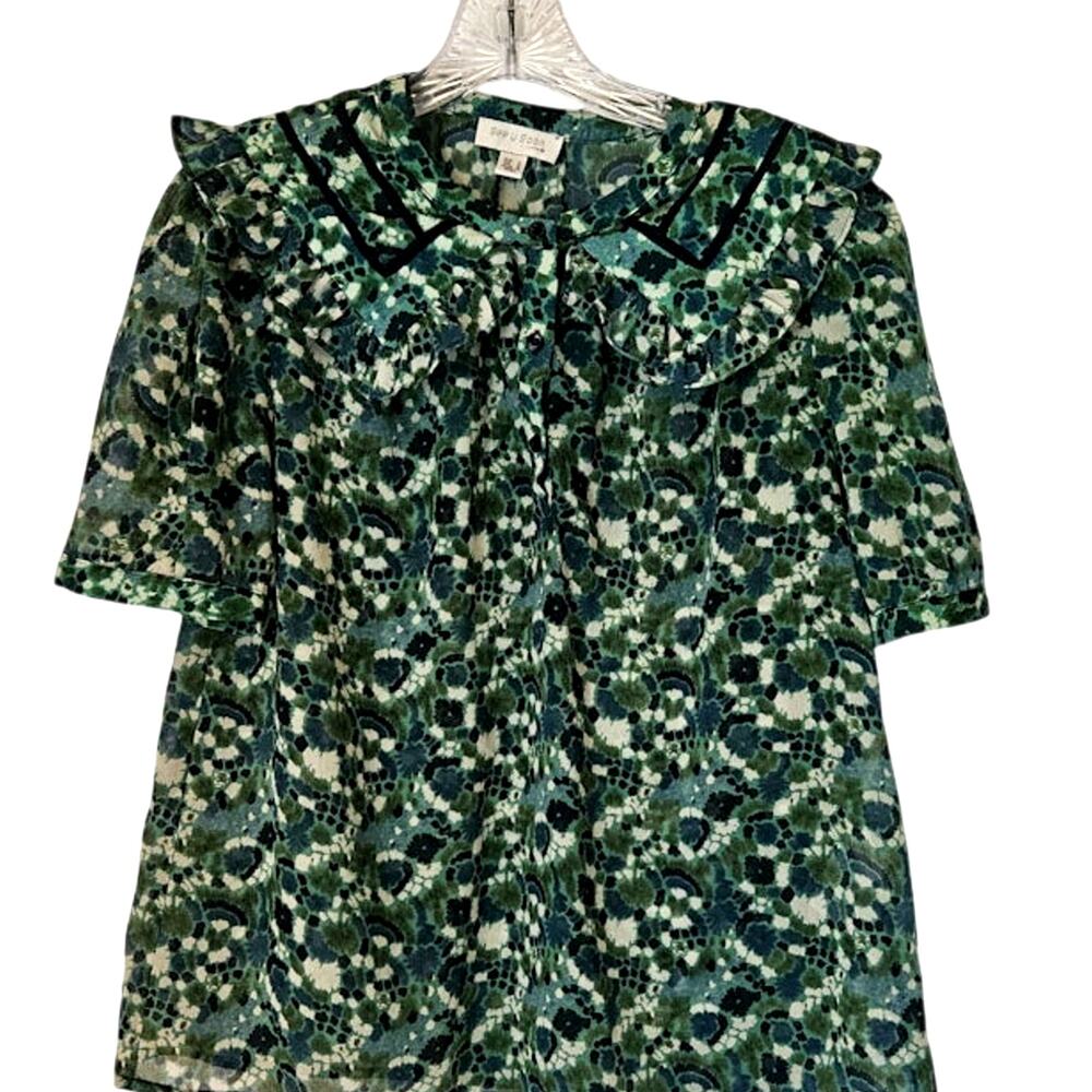 Jungle Tropical Sheer Summer Button-Up Blouse Med See U Soon Peter Pan Collar